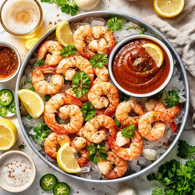 Image of Boiled Shrimp in Beer with Cocktail Sauce