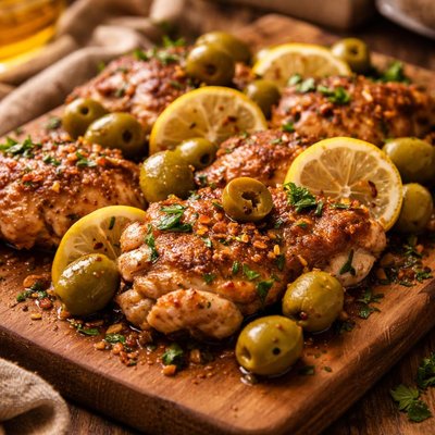 Image of Boneless Chicken Thighs with Green Olives and Lemon Light