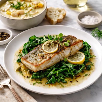 Image of Boston Bluefish with Spinach and Soup