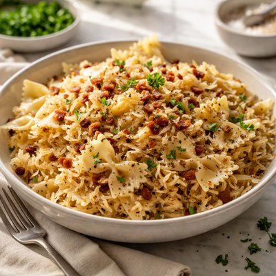Image of Bow Tie Noodles and Sauerkraut or Hluski Noodles