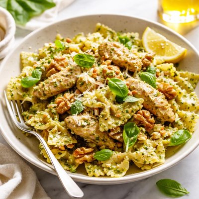 Image of Bow Tie Pasta with Pesto Chicken and Walnuts