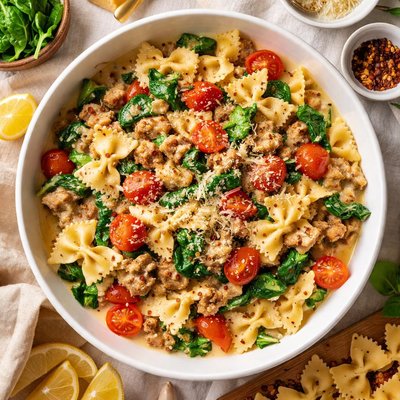 Image of Bow Tie Pasta with Sausage Spinach Tomatoes Cream