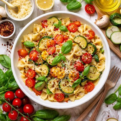 Image of Bow Tie Pasta with Zucchini Tomato and Basil