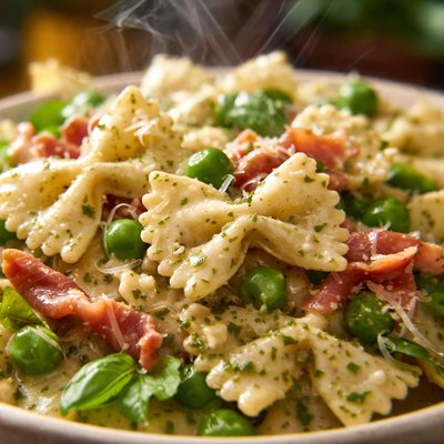 Image of Bow Ties with Basil Cream Sauce Peas and Prosciutto