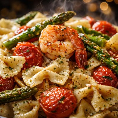 Image of Bow Ties with Roasted Tomatoes Asparagus and Shrimp