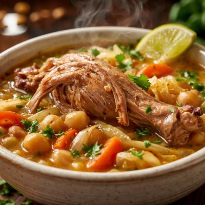 Image of Bowl of the Wife of Kit Carson Turkey Leg Soup with Chickpeas