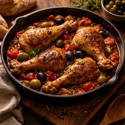 Image of Braised Chicken Legs with Olives and Tomatoes