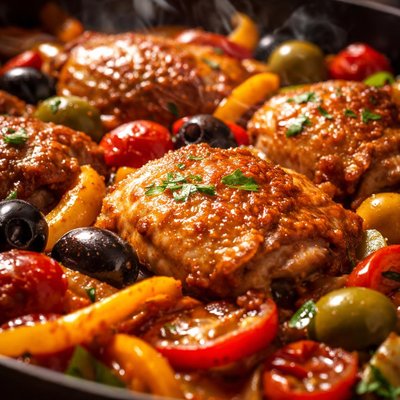 Image of Braised Chicken Thighs with Bell Peppers Olives and Tomatoes