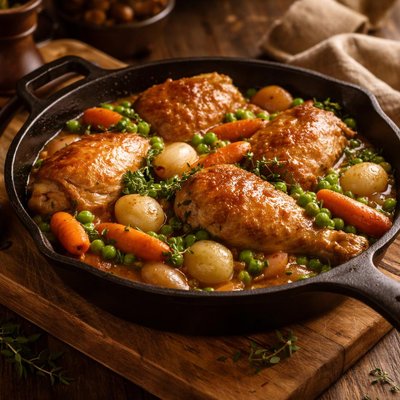 Image of Braised Chicken with Baby Vegetables and Peas