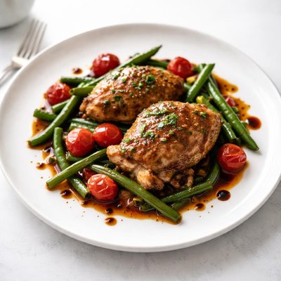 Image of Braised Chicken with Green Beans Tomatoes and Balsamic Vinegar