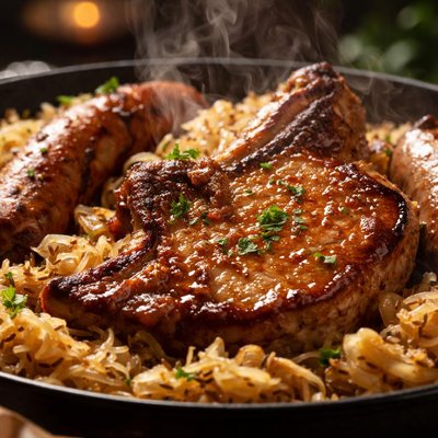 Image of Braised Chops with Bratwurst and Sauerkraut