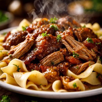Image of Braised Dark Meat Turkey Over Egg Noodles