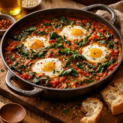 Image of Whole30 Braised Eggs with Tomatoes and Spinach