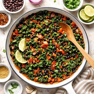 Image of Braised Kale with Black Beans and Tomatoes