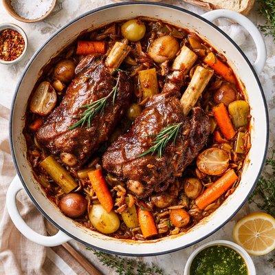 Image of Braised Lamb Shanks with Caramelized Vegetables