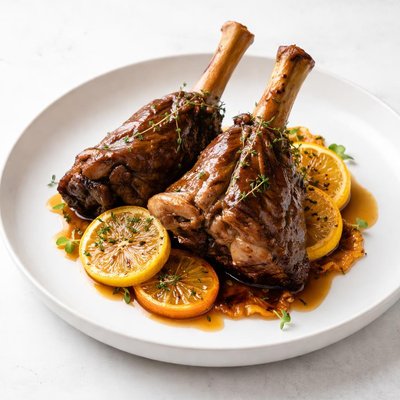 Image of Braised Lamb Shanks with Glazed Lemon and Orange Slices