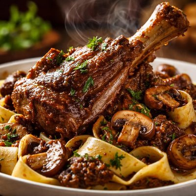 Image of Braised Lamb Shanks with Mushrooms and Pasta