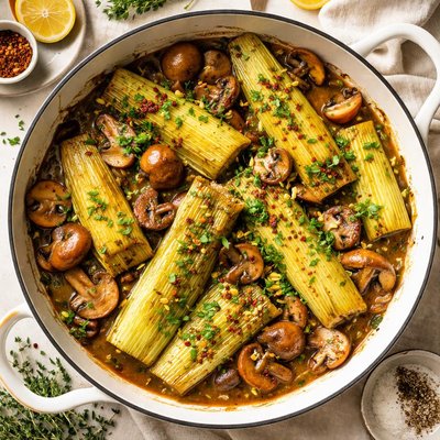 Image of Braised Leeks and Mushrooms