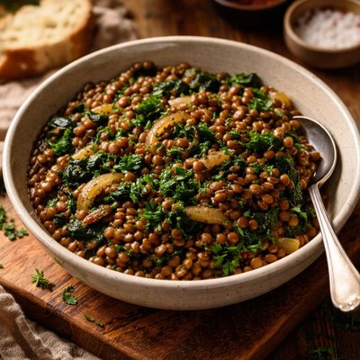 Image of Braised Lentils with Onions and Spinach