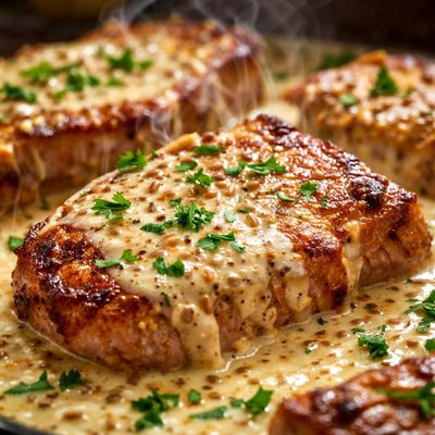 Image of Braised Pork Chops with Creamy Mustard Sauce