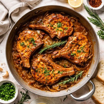 Image of Braised Pork Chops with Onions and Rosemary