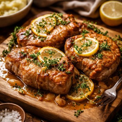 Image of Braised Pork Loin Chops with Thyme Lemon Sauce