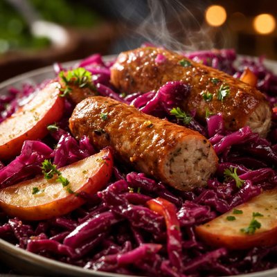 Image of Braised Red Cabbage Apples and Brats