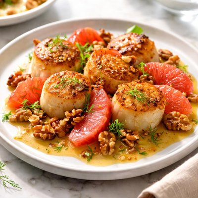 Image of Braised Scallops with Grapefruit Walnuts