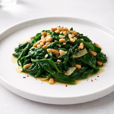 Image of Braised Spinach with Garlic Onion and Pine Nuts
