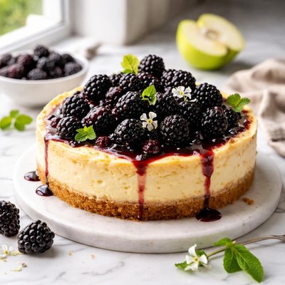 Image of Bramley Apple Cheesecake with Stewed Blackberries