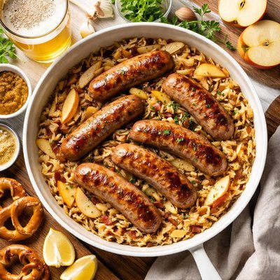 Image of Bratwurst Cooked in Beer with Apple Sauerkraut