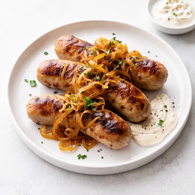 Image of Bratwursts with Caramelized Onions Creamy Horseradish