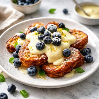 Image of Bread Fritters with Custard and Blueberries