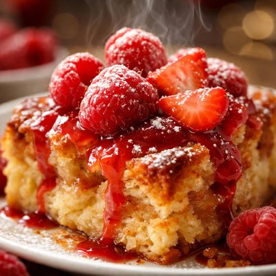 Image of Bread Pudding with Raspberry Strawberry Topping