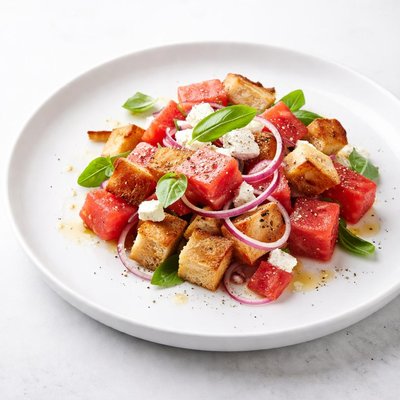 Image of Bread Salad with Watermelon Feta and Red Onion