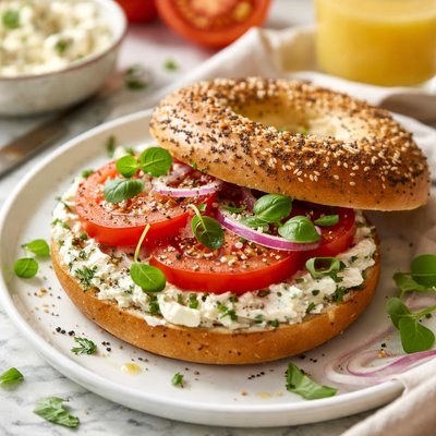 Image of Breakfast Bagel Featuring Tomato and Garden Cream Cheese