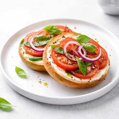 Image of Breakfast Bagel with Tomato Basil and Red Onion