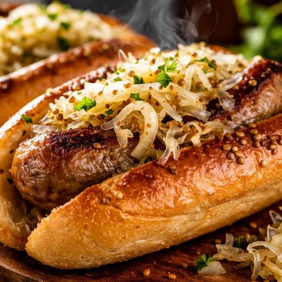 Image of Brewed Brat Sandwiches with Caraway Kraut