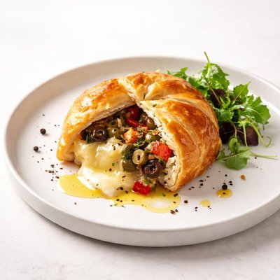 Image of Brie En Croute Stuffed with Olives Roasted Peppers