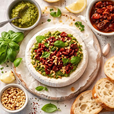 Image of Brie Topped with Pesto and Sun Dried Tomatoes