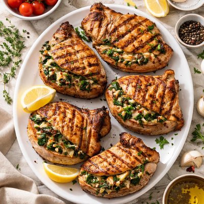 Image of Brined Stuffed and Grilled Pork Chops