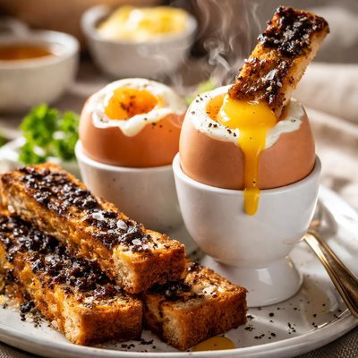 Image of British Breakfast in Bed Boiled Eggs and Marmite Soldiers