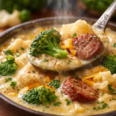 Image of Broccoli and Cauliflower Cheese Soup with Sausage