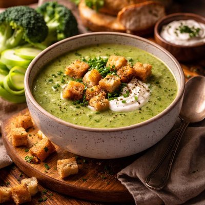 Image of Broccoli and Leek Soup with Croutons and Sour Cream