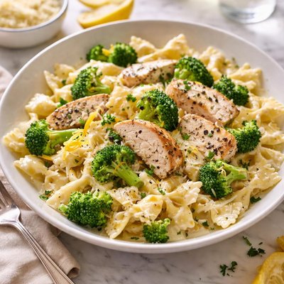 Image of Broccoli and Lemon Pepper Chicken Alfredo with Bow Tie Pasta