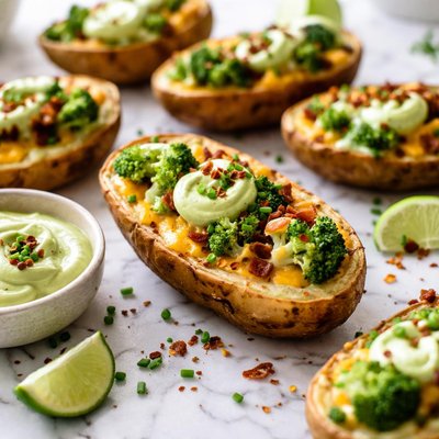 Image of Broccoli Cheddar Stuffed Potato Skins with Avocado Cream