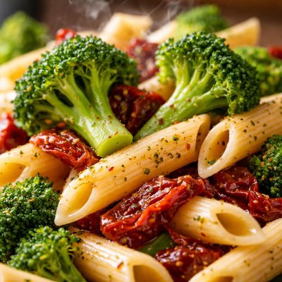 Image of Broccoli Florets with Sun Dried Tomatoes Over Penne