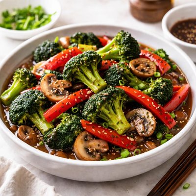 Image of Broccoli Mushroom Red Peppers in Black Bean Garlic Sauce