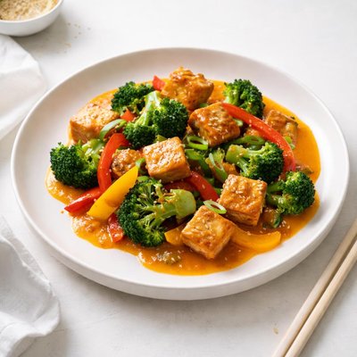 Image of Broccoli Tofu and Peppers in Orange Sauce