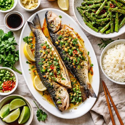 Image of Broiled Bass with Ginger Scallion Oil Stir Fried Asparagus